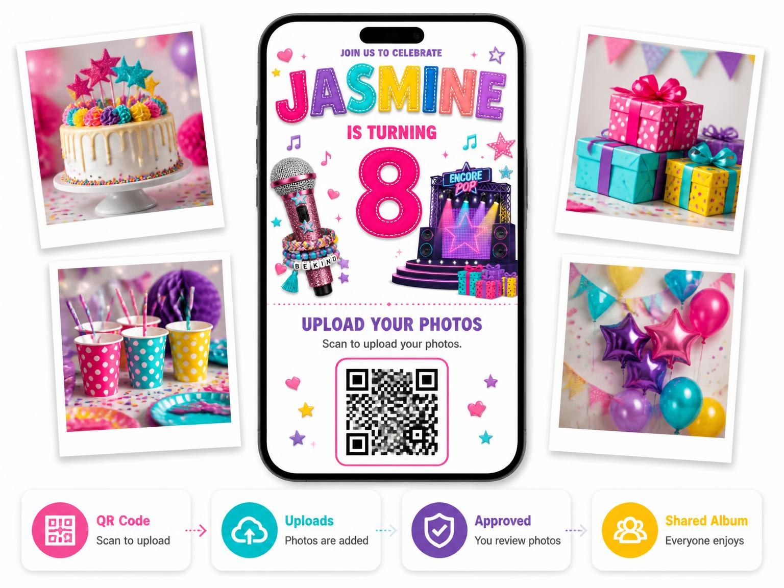 The shared photo gallery that comes with the Concert Stage Stitched 8th Birthday Invitation invitation