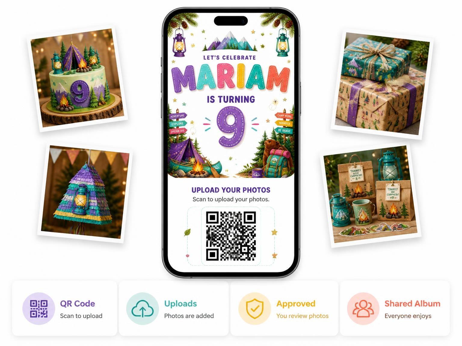 The shared photo gallery that comes with the Stitched Camping 9th Birthday Invitation invitation