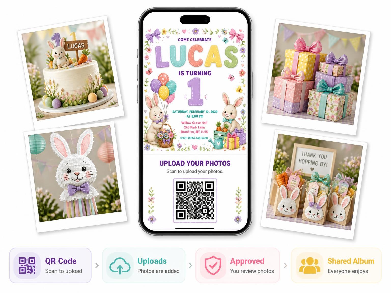 The shared photo gallery that comes with the Stitched Bunny Garden 1st Birthday Invitation invitation