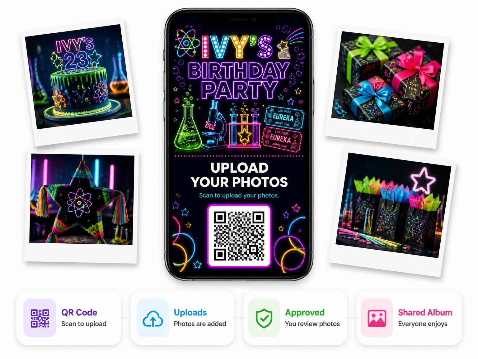 The shared photo gallery that comes with the Neon Science Lab 23rd Birthday Invitation invitation