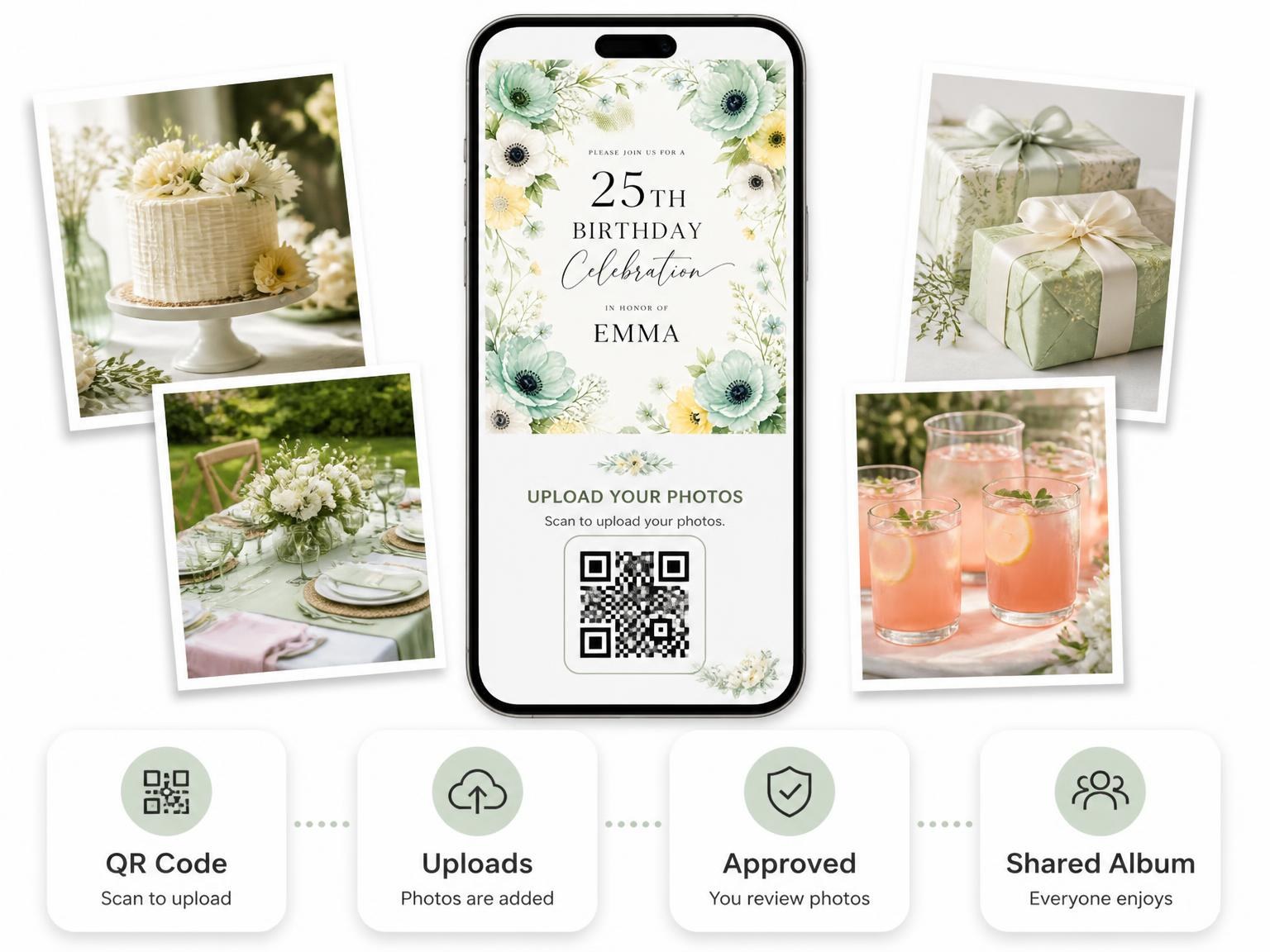The shared photo gallery that comes with the Garden Floral Mint 25th Birthday Invitation invitation