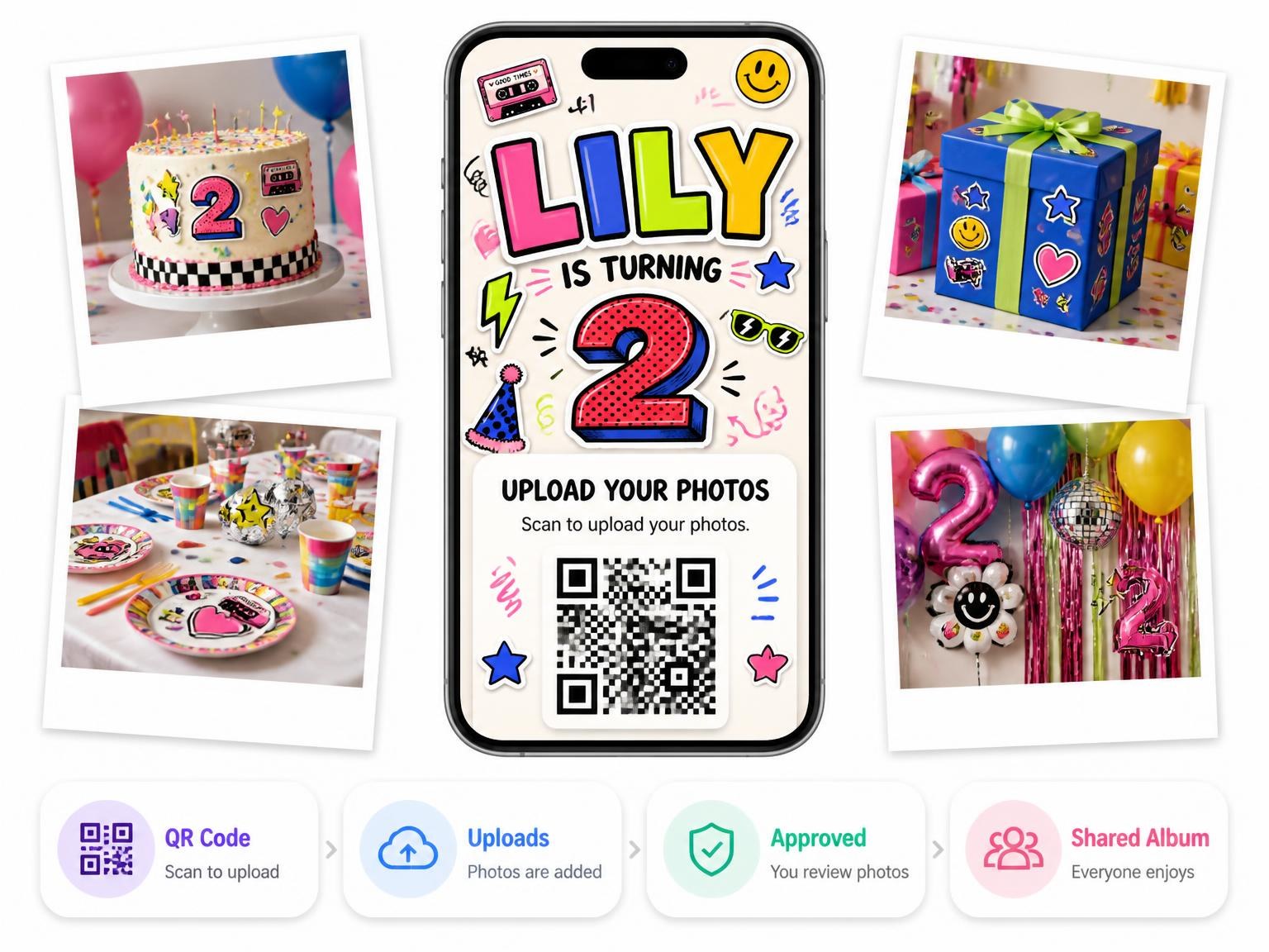 The shared photo gallery that comes with the Sticker Pop 2nd Birthday Invitation invitation