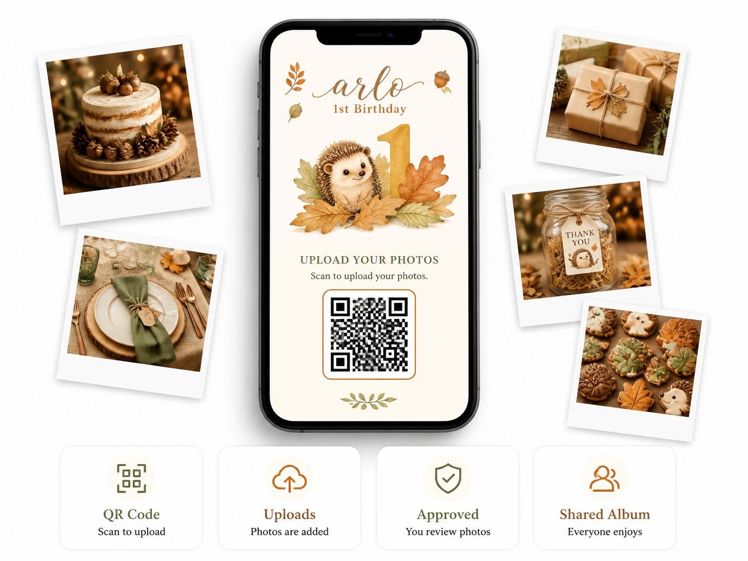 The shared photo gallery that comes with the Watercolor Hedgehog Autumn 1st Birthday invitation