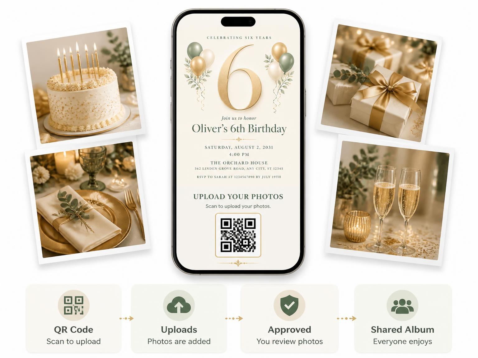The shared photo gallery that comes with the Sage and Ivory 6th Birthday Invitation invitation