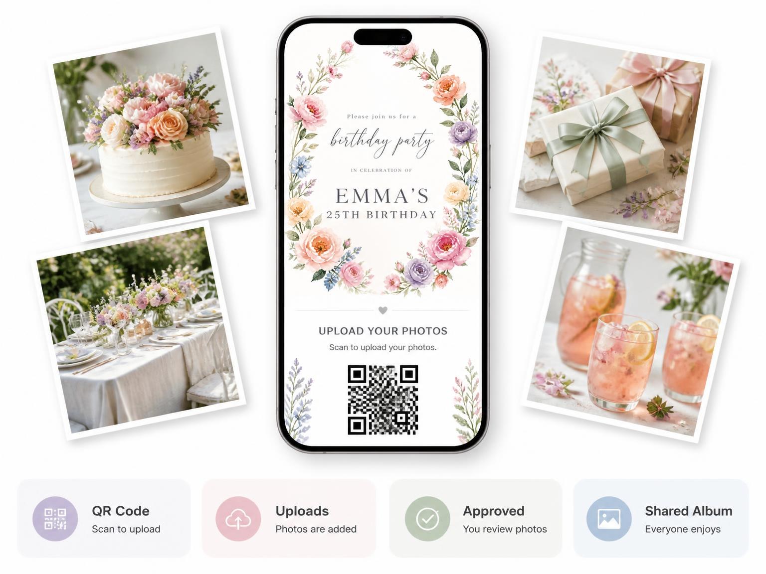 The shared photo gallery that comes with the Pastel Floral Wreath 25th Birthday Invitation invitation
