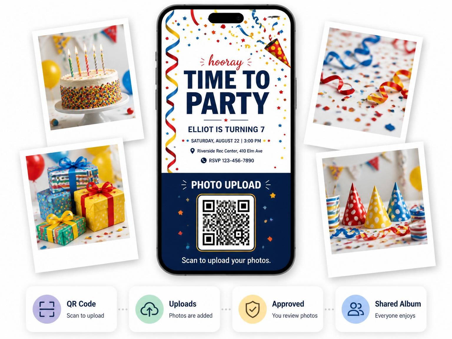 The shared photo gallery that comes with the Primary Color Confetti 7th Birthday Invitation invitation
