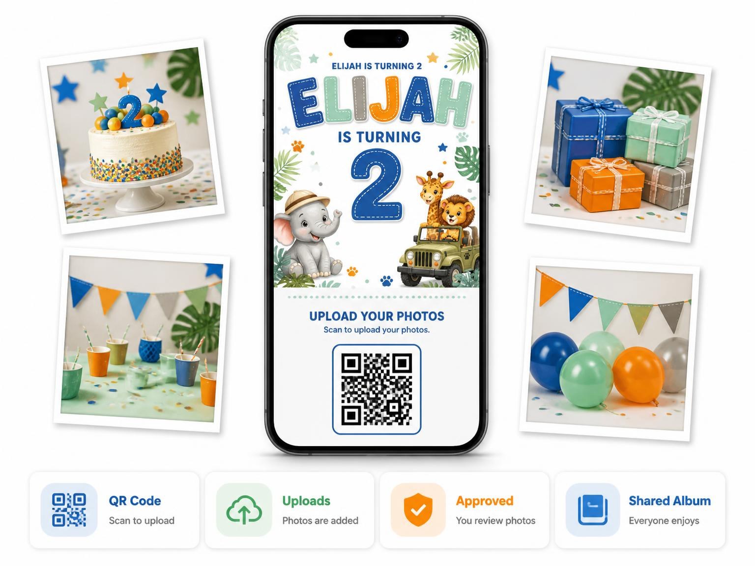 The shared photo gallery that comes with the Safari Jeep Stitched 2nd Birthday Invitation invitation