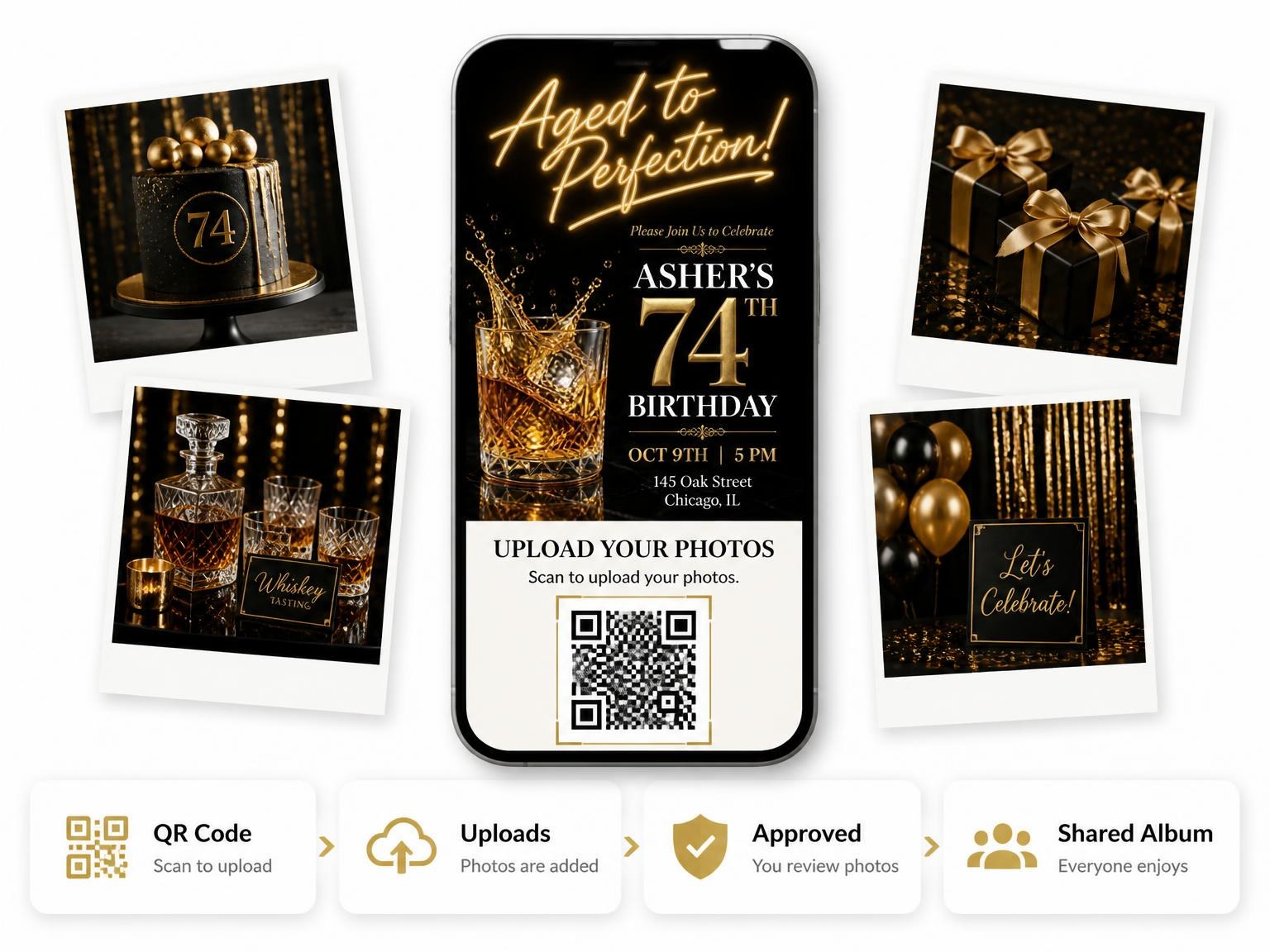 The shared photo gallery that comes with the Crystal Whiskey 74th Birthday Invitation invitation