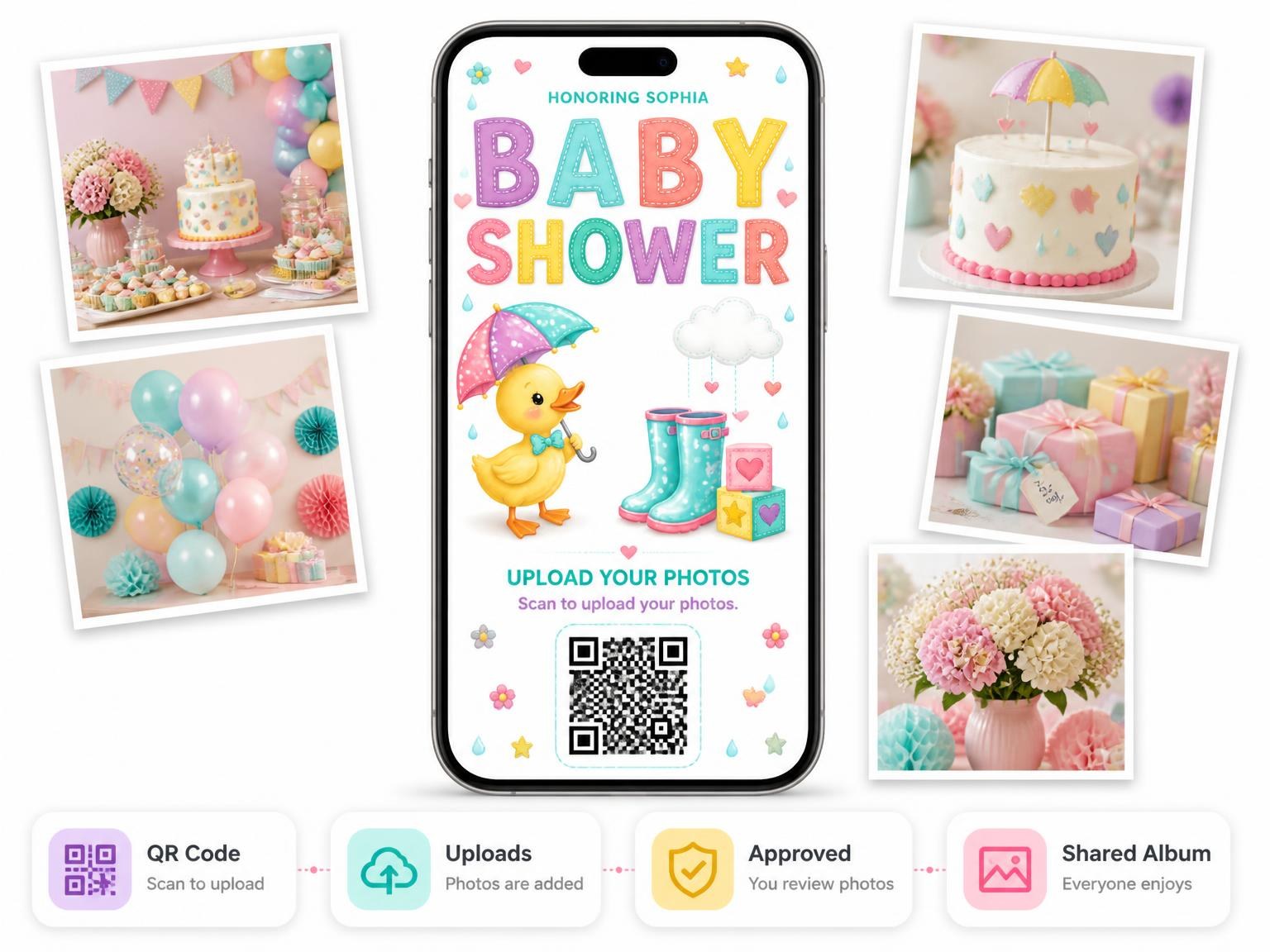 The shared photo gallery that comes with the Yellow Duckling Baby Shower Invitation invitation