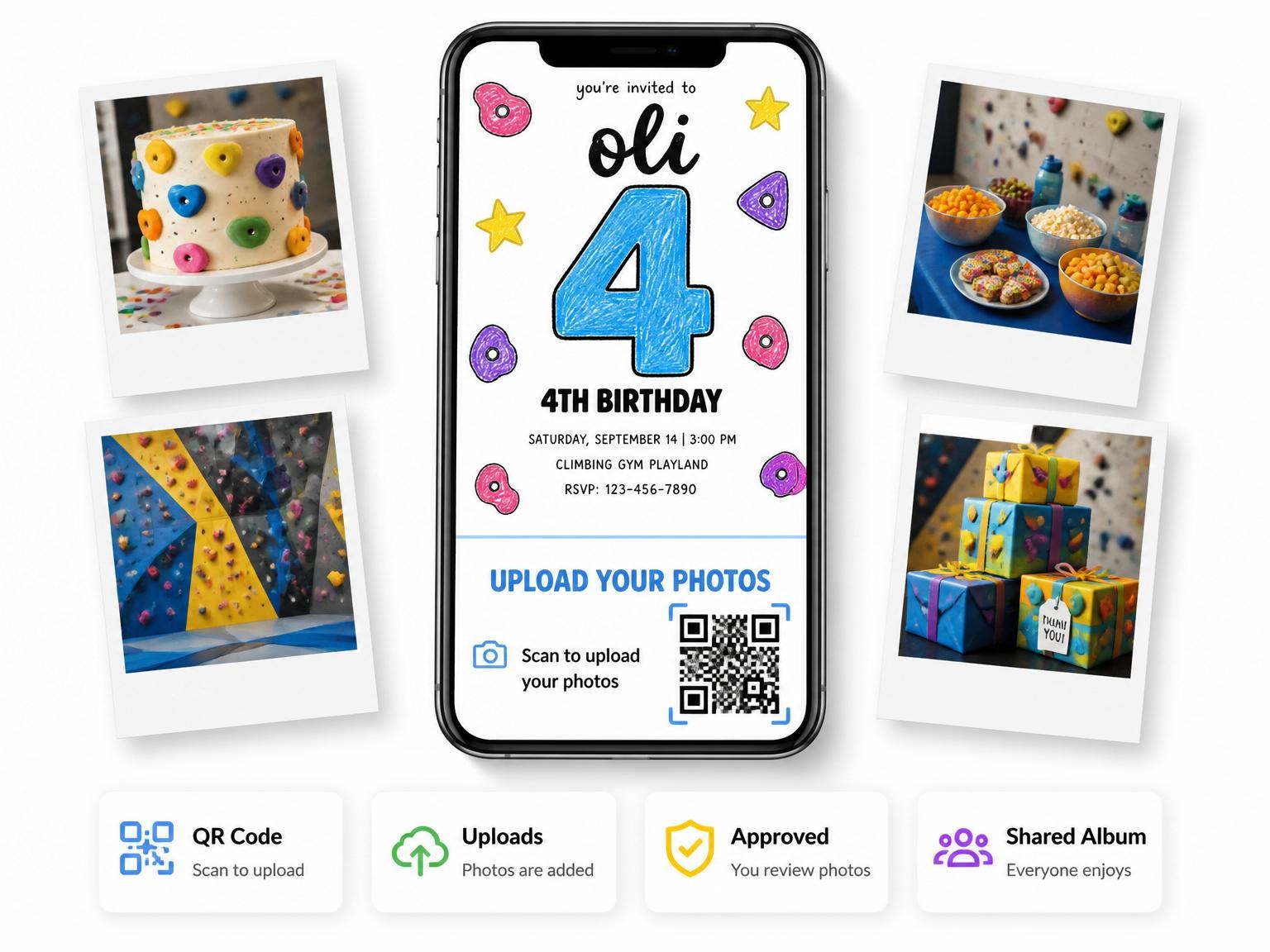The shared photo gallery that comes with the Crayon Drawing Rock Climbing 4th Birthday invitation