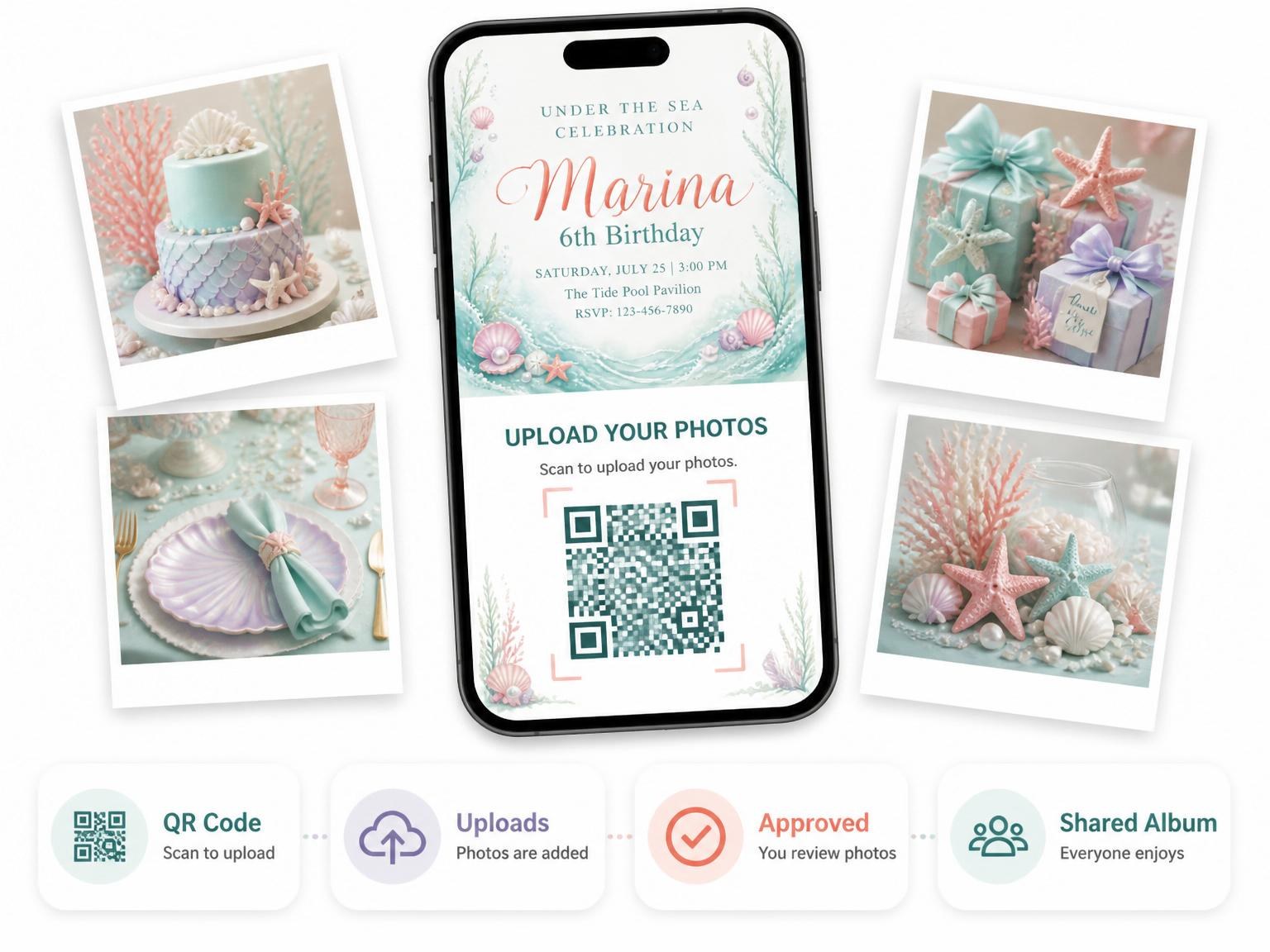 The shared photo gallery that comes with the Pastel Watercolor Mermaid 6th Birthday Invitation invitation