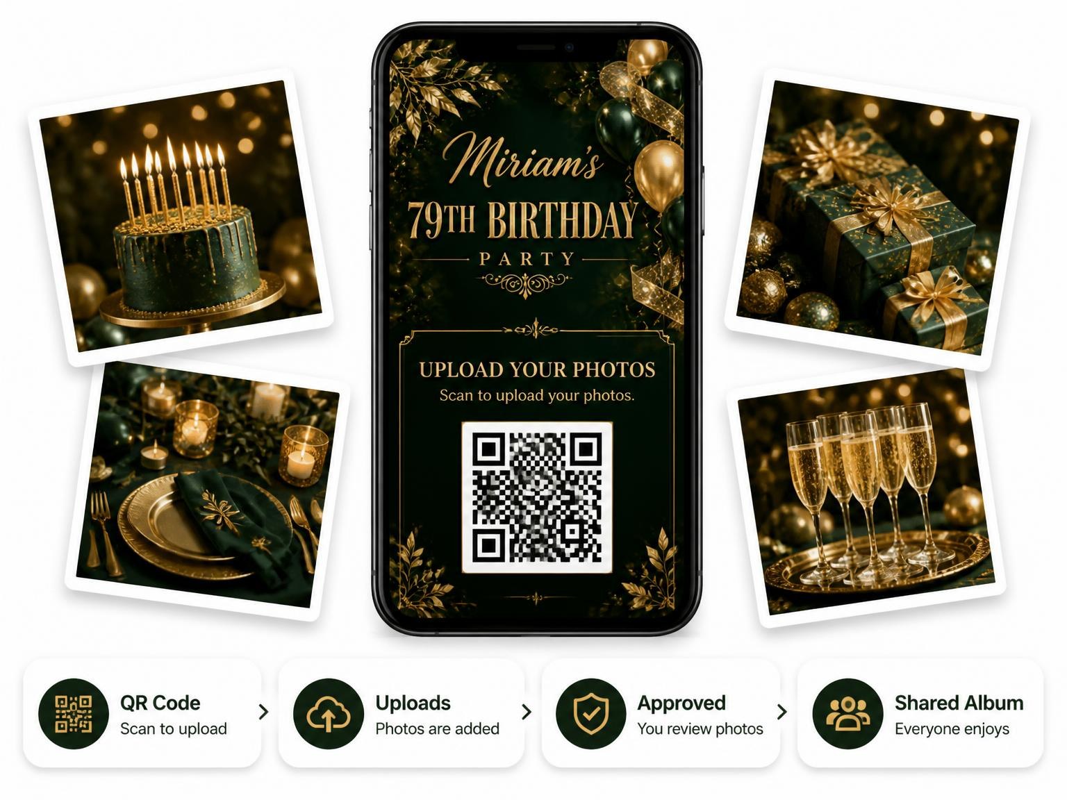 The shared photo gallery that comes with the Emerald and Champagne 79th Birthday Invitation invitation