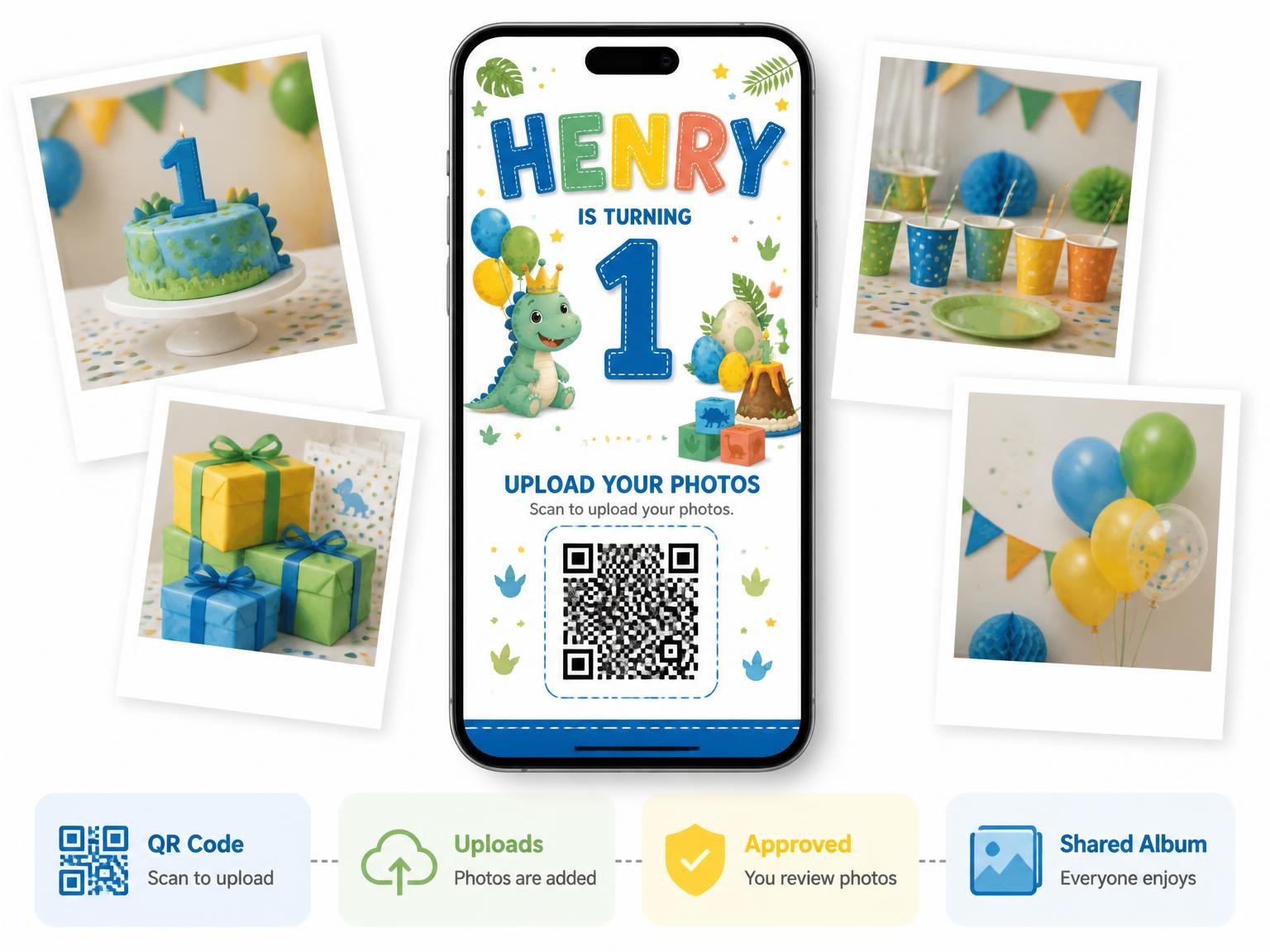 The shared photo gallery that comes with the Volcano Cake Stitched 1st Birthday Invitation invitation