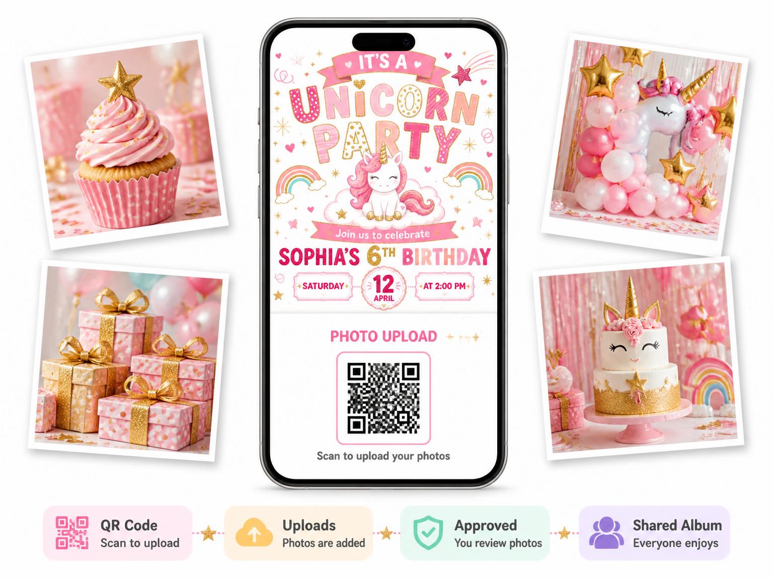 The shared photo gallery that comes with the Dreamy Pastel Unicorn Birthday Celebration invitation