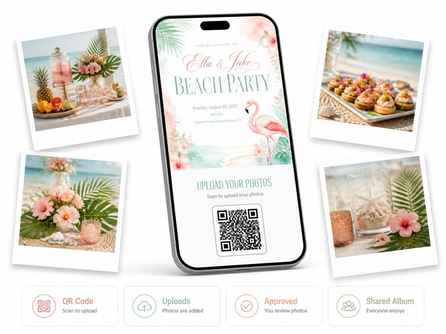 The shared photo gallery that comes with the Watercolor Flamingo Tropical Beach Party invitation
