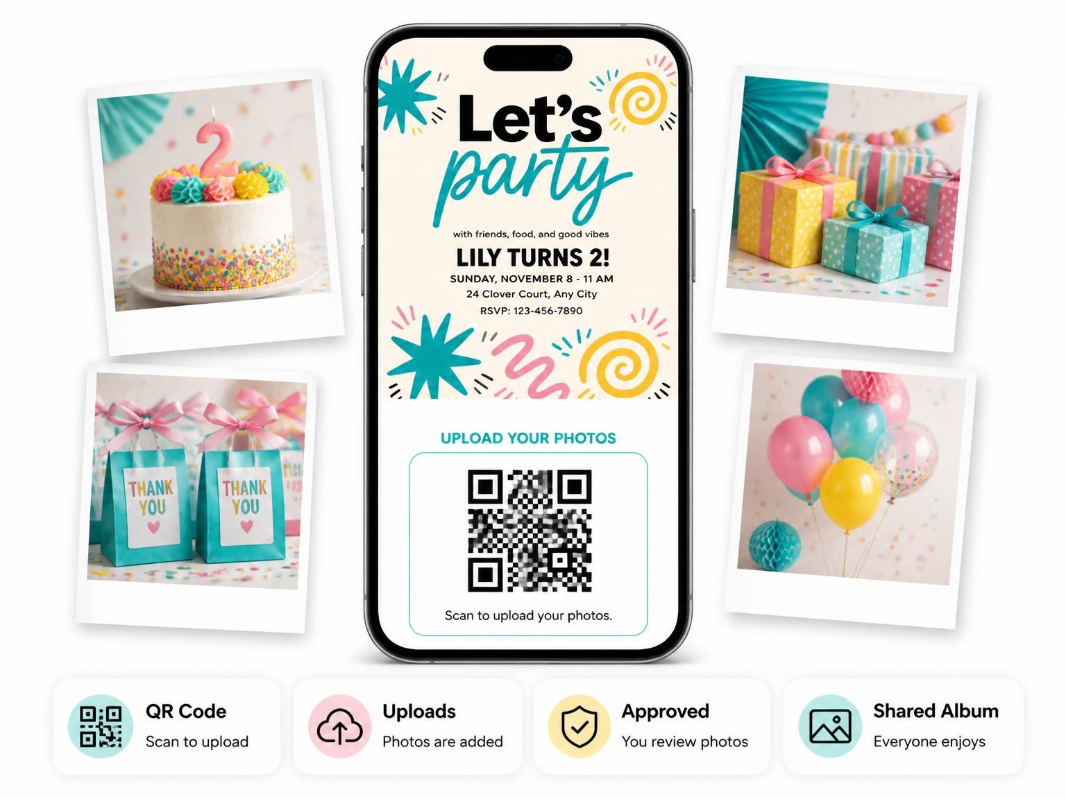 The shared photo gallery that comes with the Teal and Pink Doodle Birthday invitation