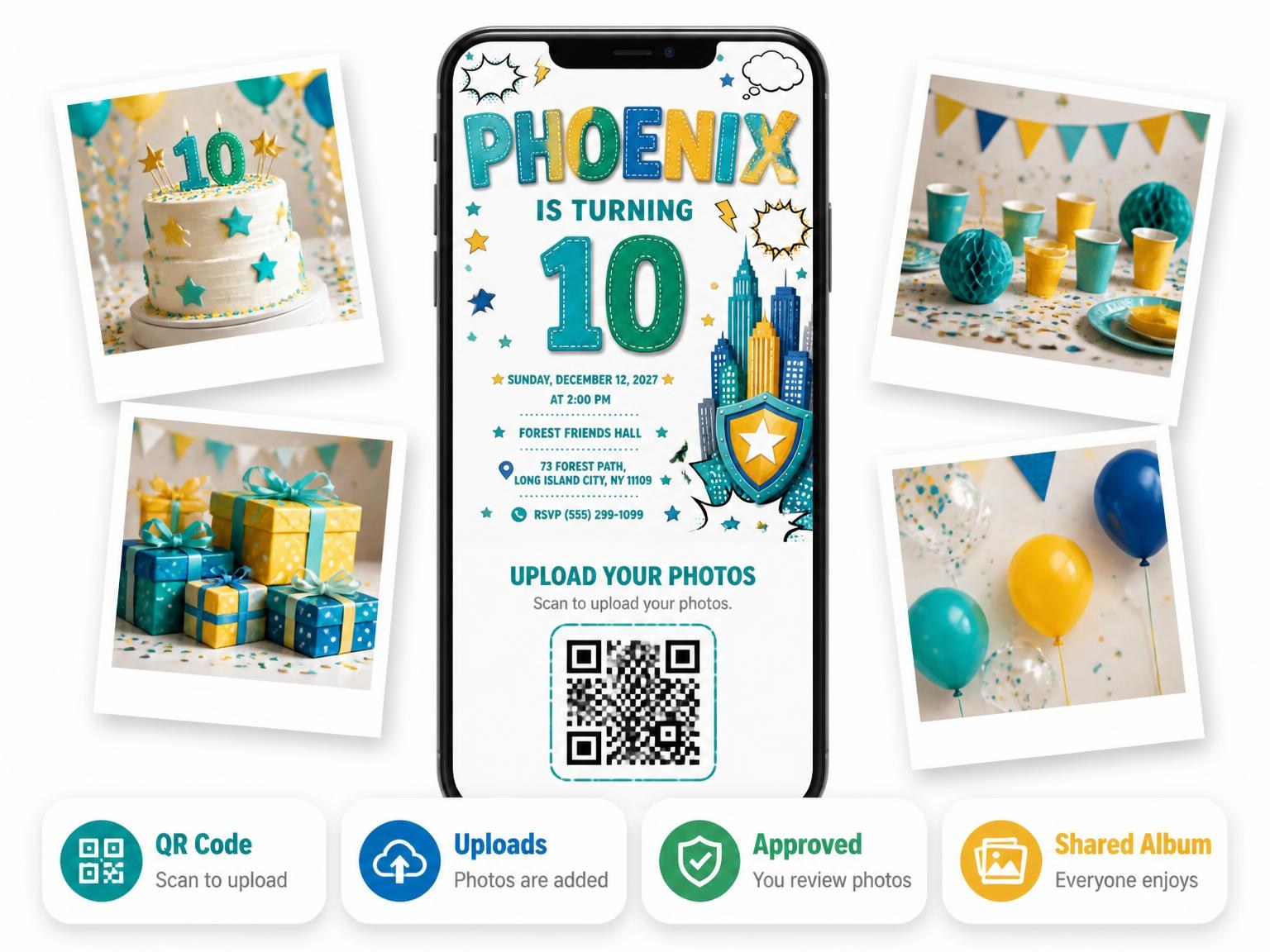 The shared photo gallery that comes with the Superhero Shield 10th Birthday Invitation invitation