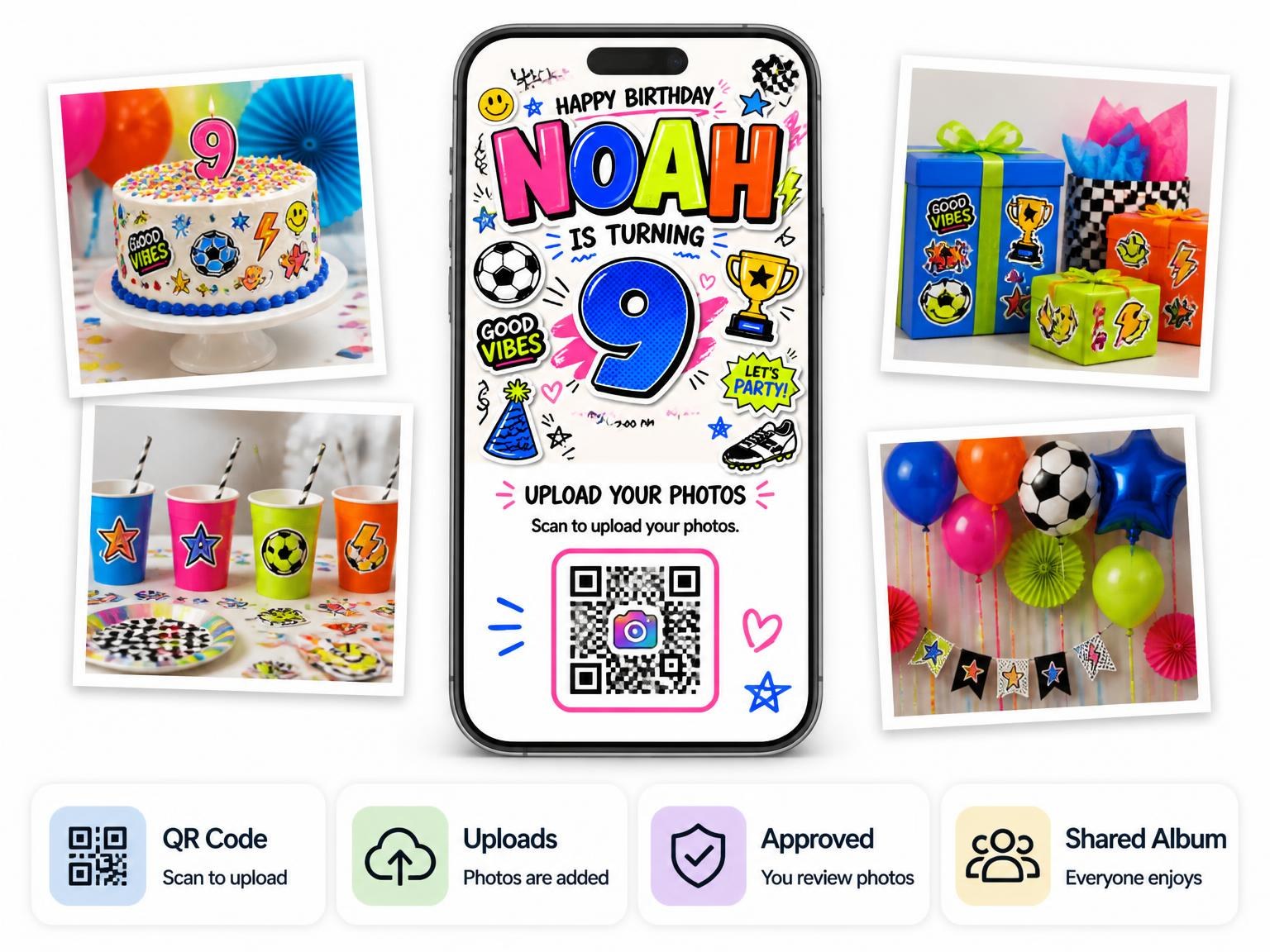 The shared photo gallery that comes with the Sticker Pop 9th Birthday Invitation invitation
