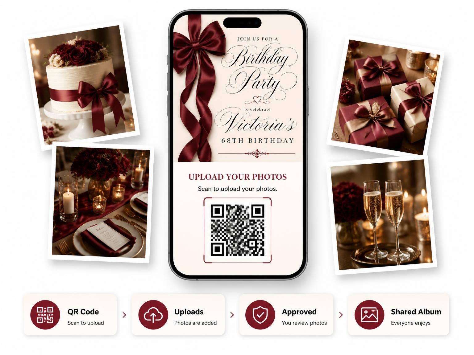 The shared photo gallery that comes with the Burgundy Satin Bow 68th Birthday Invitation invitation