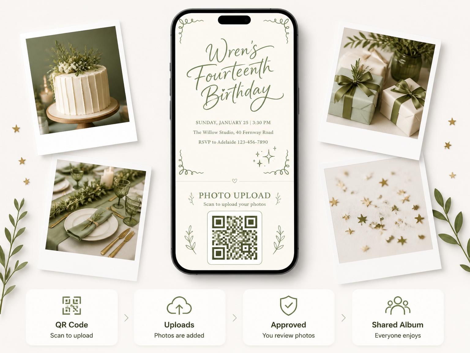 The shared photo gallery that comes with the Sage Green Calligraphy 14th Birthday Invitation invitation
