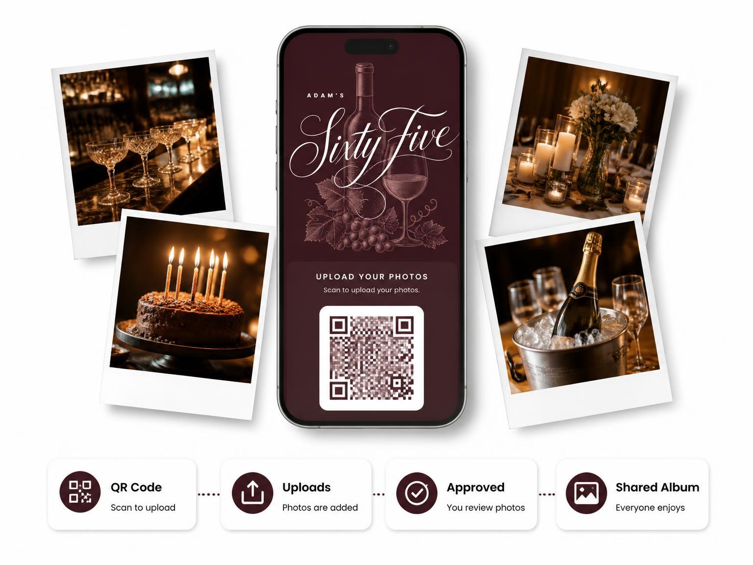 The shared photo gallery that comes with the Burgundy Cocktail 65th Birthday Invitation invitation