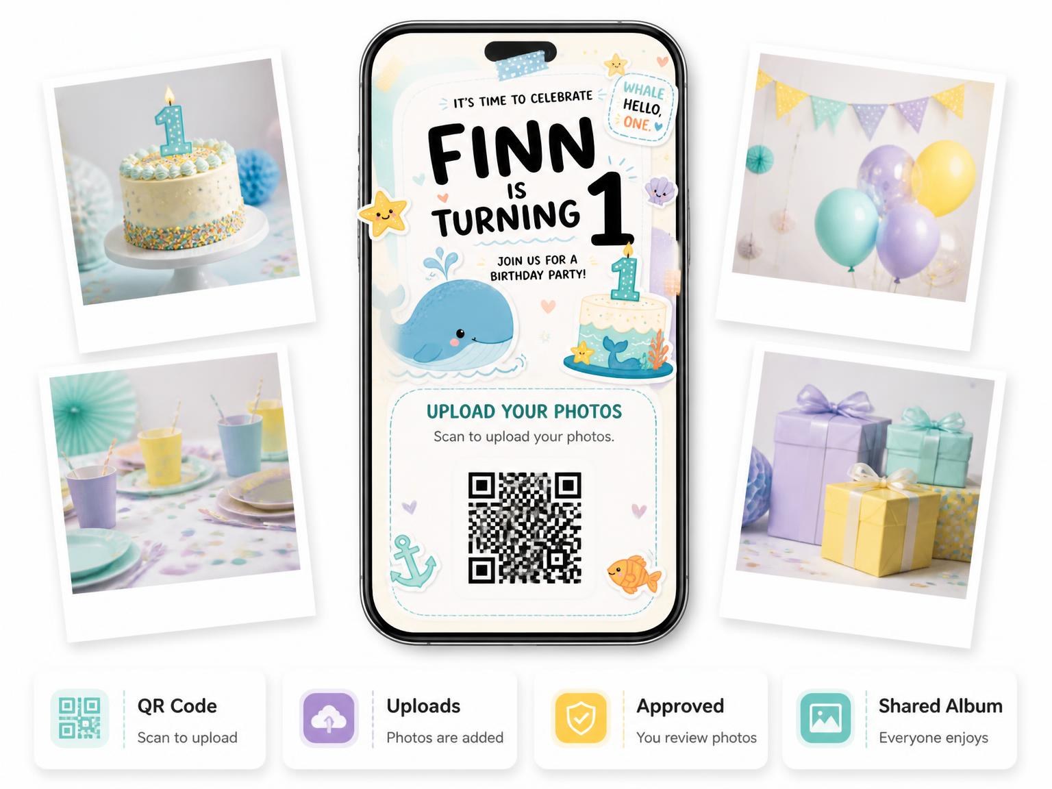 The shared photo gallery that comes with the Pastel Whale 1st Birthday Invitation invitation
