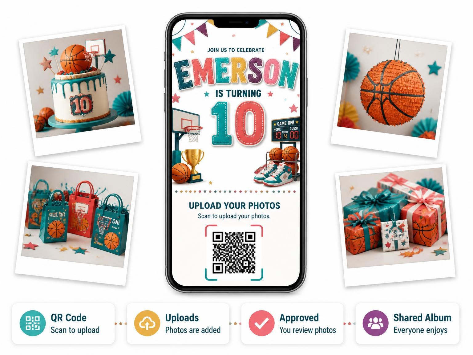 The shared photo gallery that comes with the Stitched Basketball 10th Birthday Invitation invitation