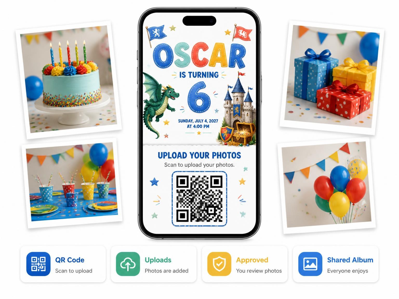 The shared photo gallery that comes with the Stone Castle Stitched 6th Birthday Invitation invitation