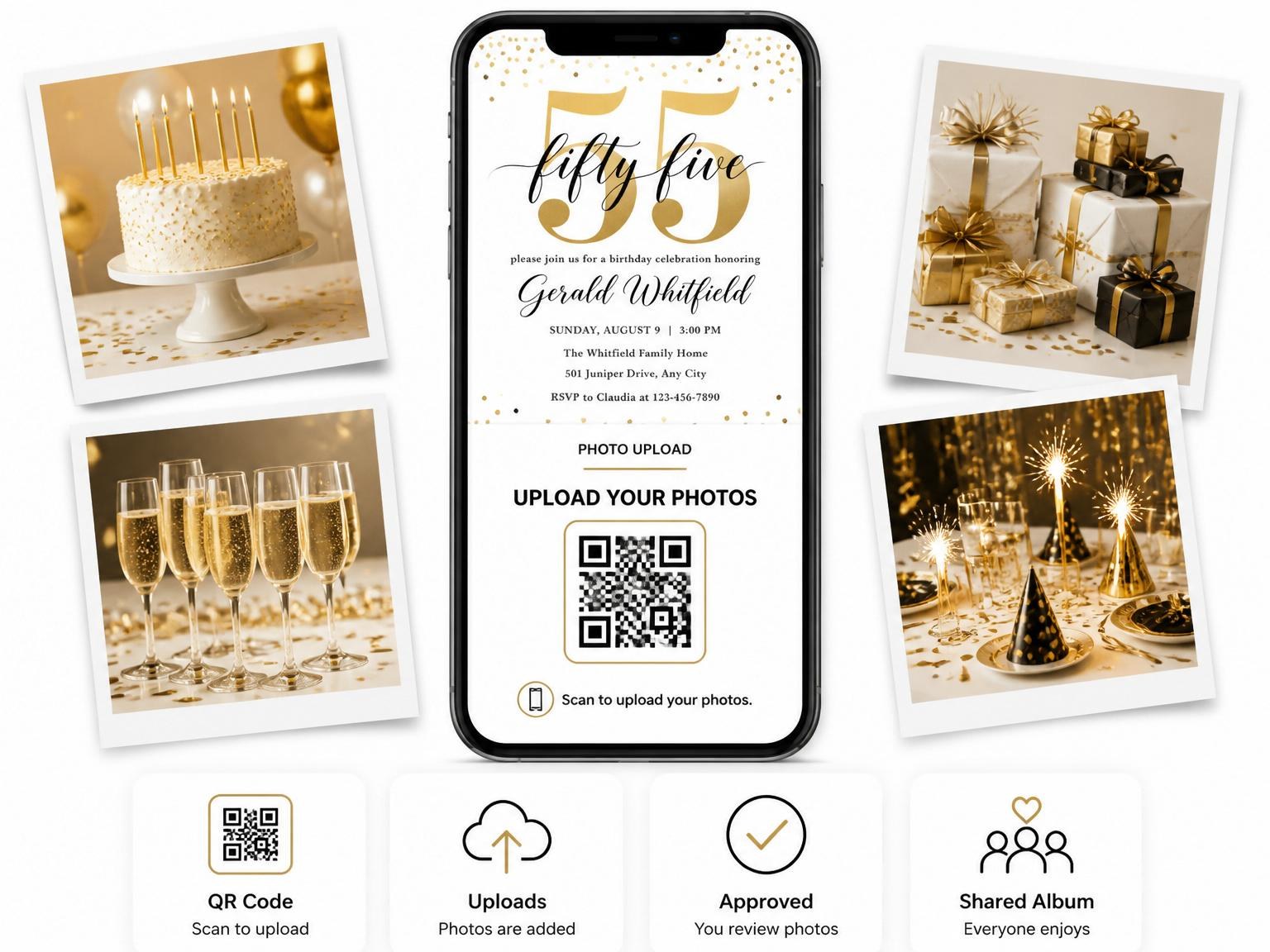The shared photo gallery that comes with the Fifty-Five Gold Confetti Birthday Invitation invitation