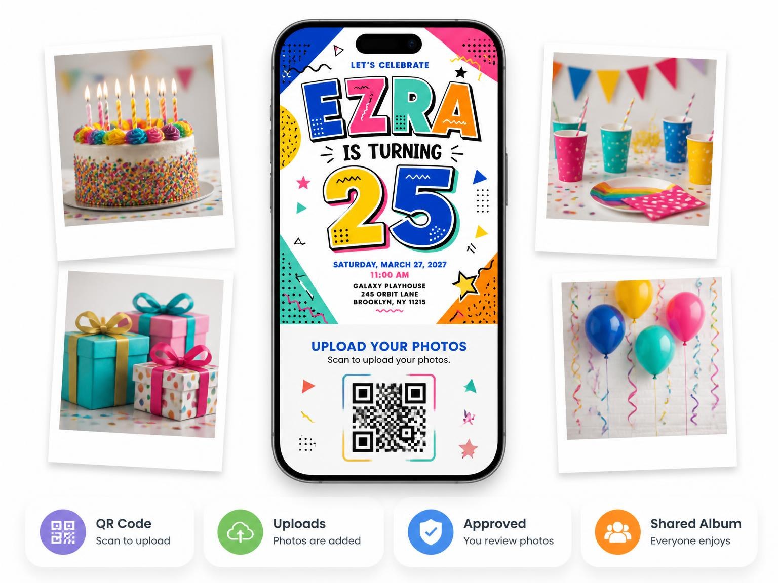 The shared photo gallery that comes with the Memphis Blocks 25th Birthday Invitation invitation