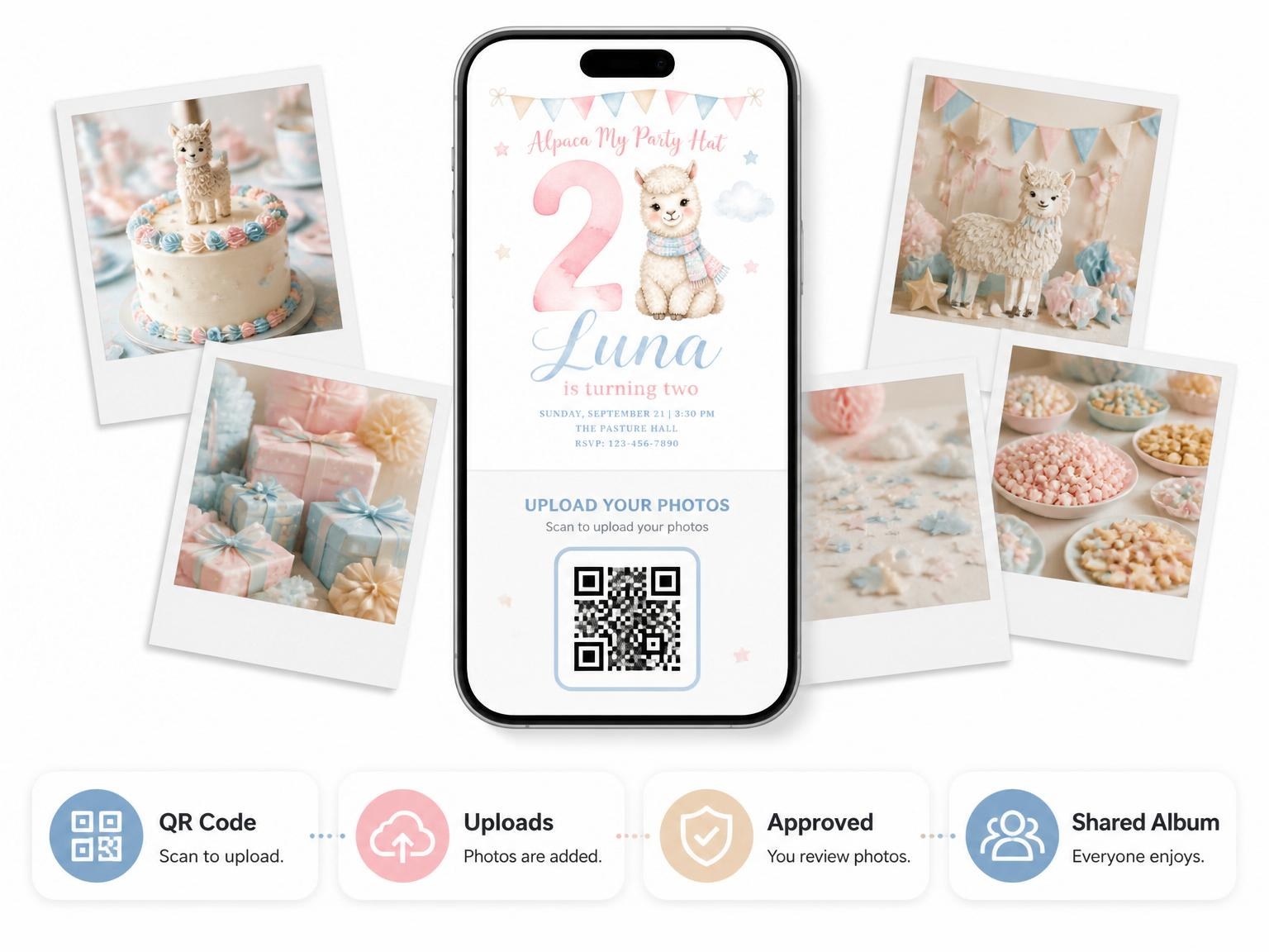 The shared photo gallery that comes with the Pastel Watercolor Alpaca 2nd Birthday invitation