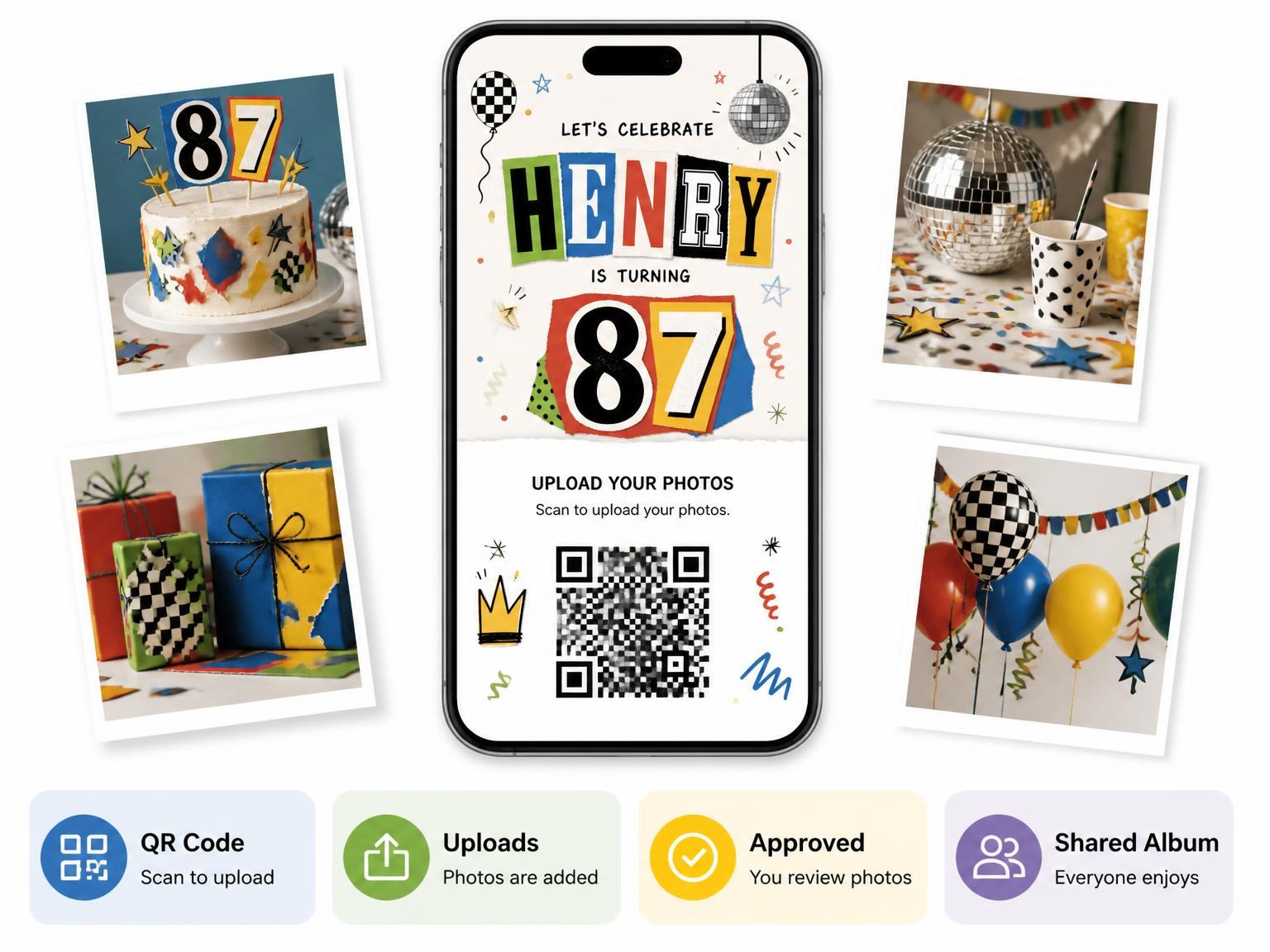 The shared photo gallery that comes with the Retro Paper Collage 87th Birthday Invitation invitation
