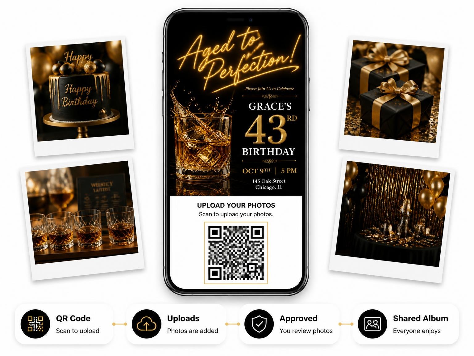 The shared photo gallery that comes with the Whiskey Lowball 43rd Birthday Invitation invitation