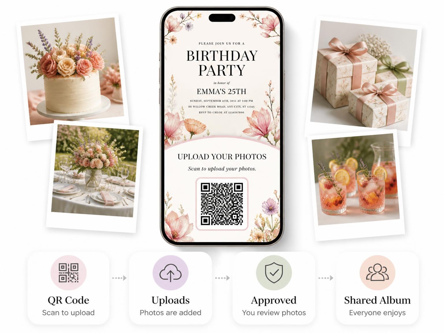 The shared photo gallery that comes with the Pastel Magnolia Branches 25th Birthday Invitation invitation