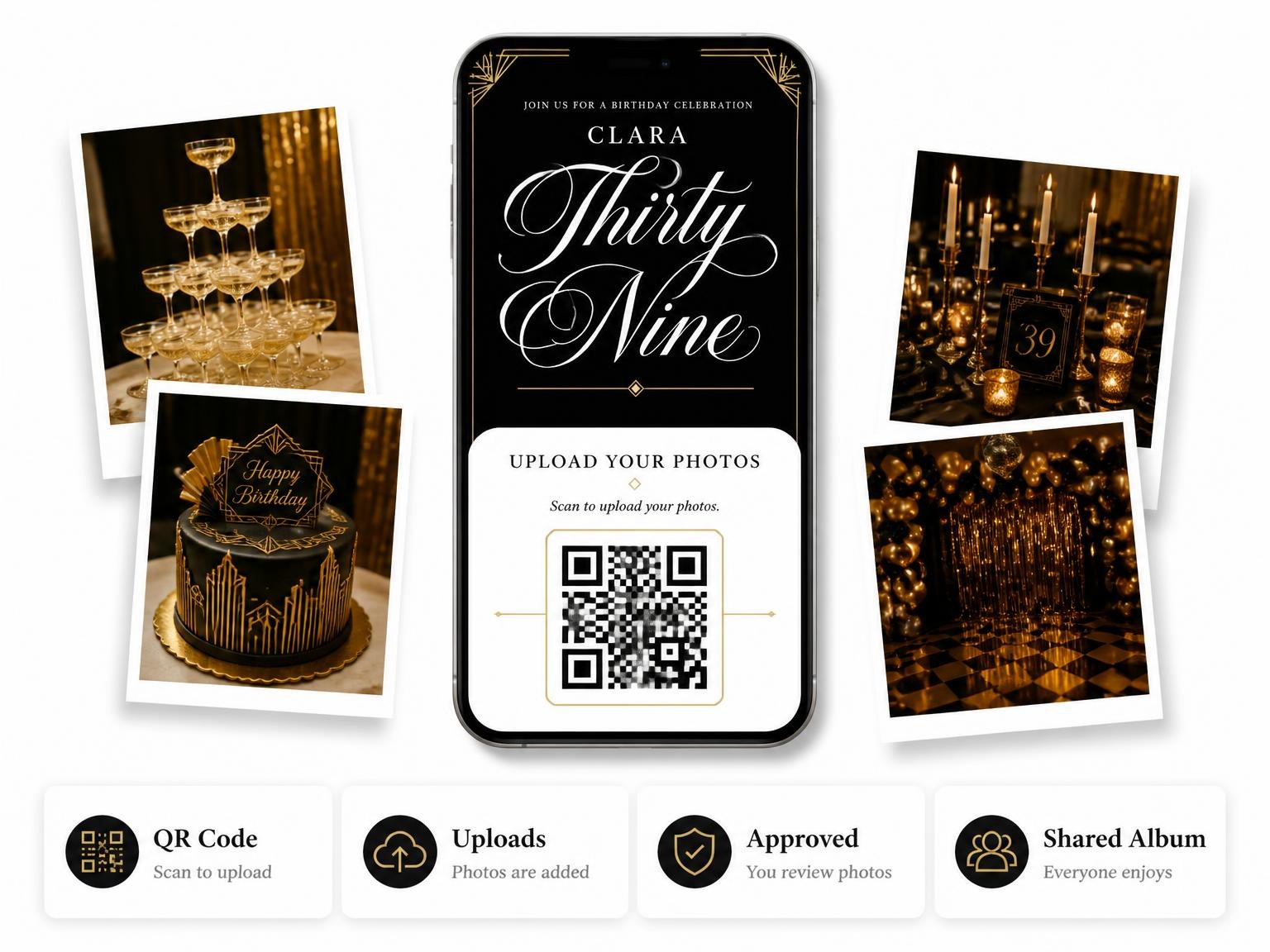 The shared photo gallery that comes with the Art Deco 39th Birthday Invitation invitation