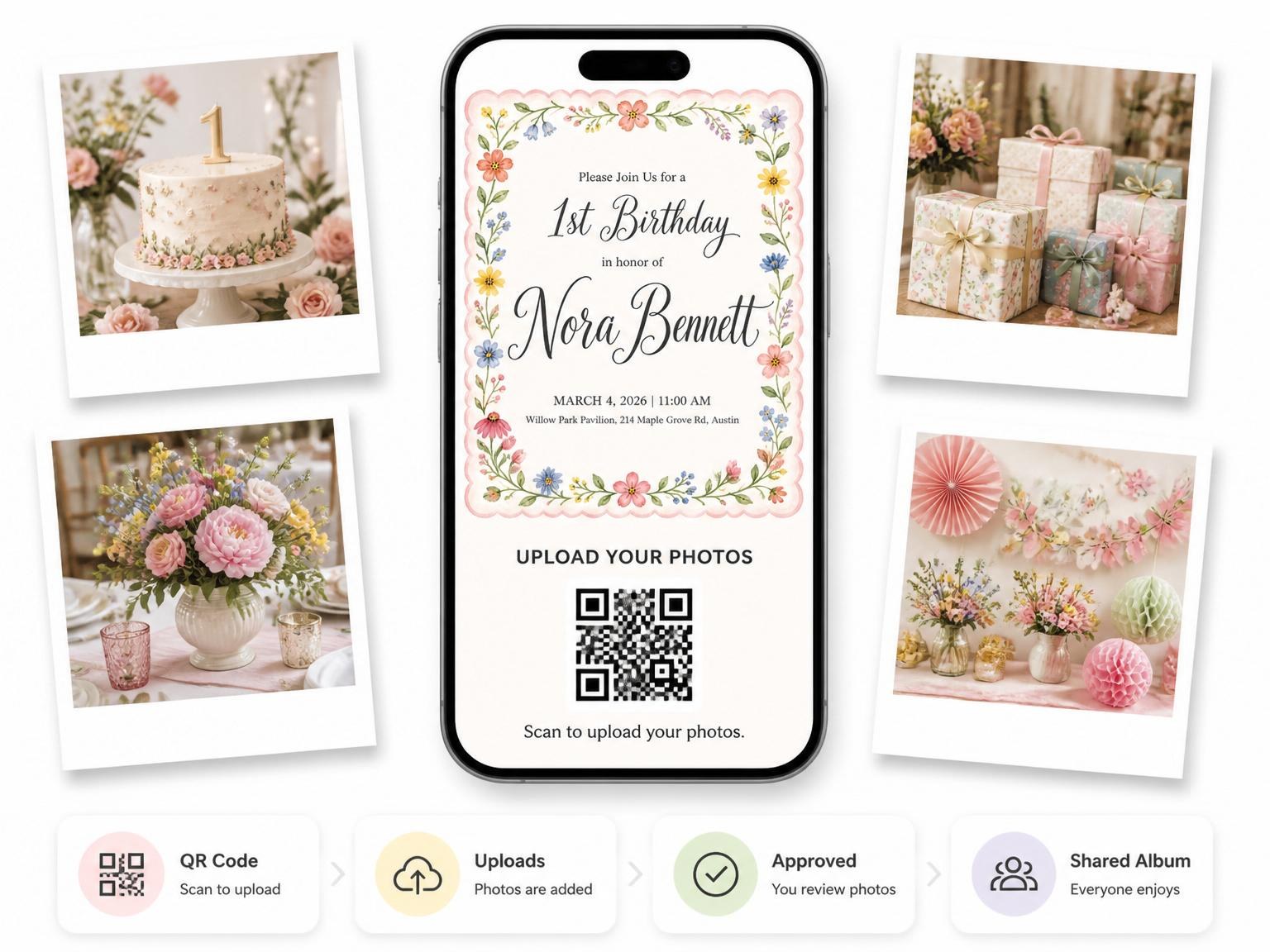 The shared photo gallery that comes with the Watercolor Wildflower Scalloped 1st Birthday invitation
