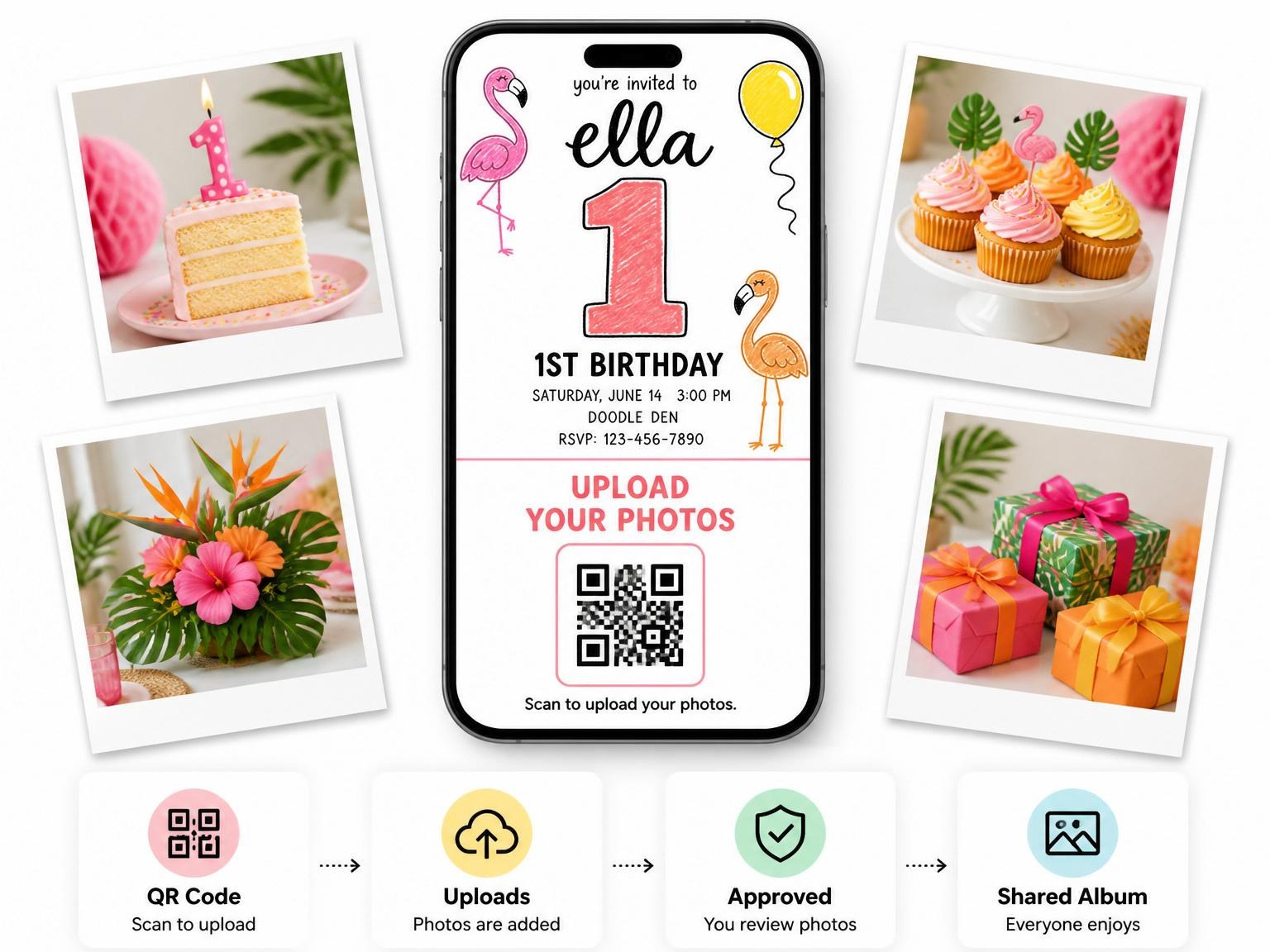 The shared photo gallery that comes with the Crayon Flamingo Balloon 1st Birthday invitation