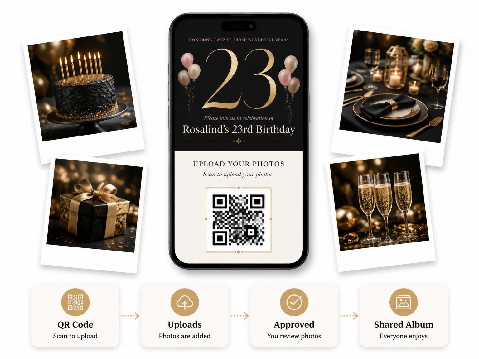 The shared photo gallery that comes with the Charcoal and Blush 23rd Birthday Invitation invitation