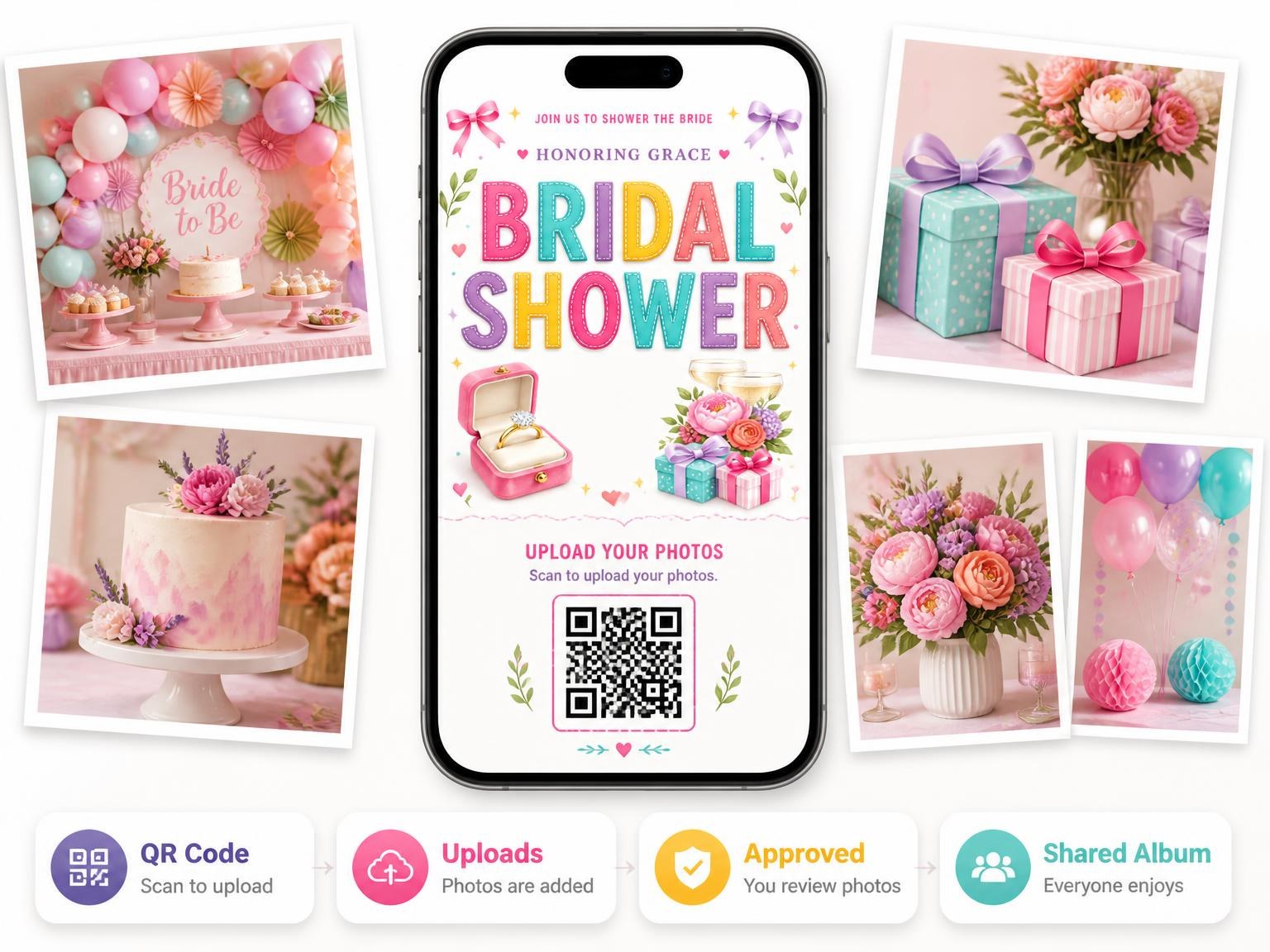 The shared photo gallery that comes with the Diamond Ring Bridal Shower Invitation invitation