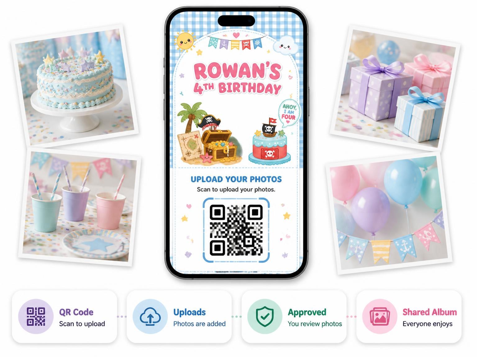 The shared photo gallery that comes with the Pirate Kawaii Pastel 4th Birthday Invitation invitation