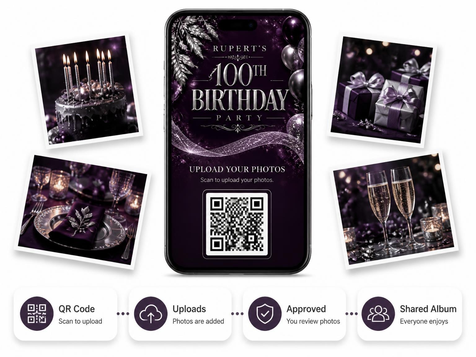 The shared photo gallery that comes with the Plum and Silver 100th Birthday Invitation invitation