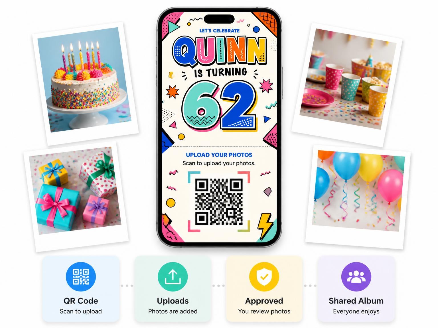 The shared photo gallery that comes with the Memphis Pop 62nd Birthday Invitation invitation