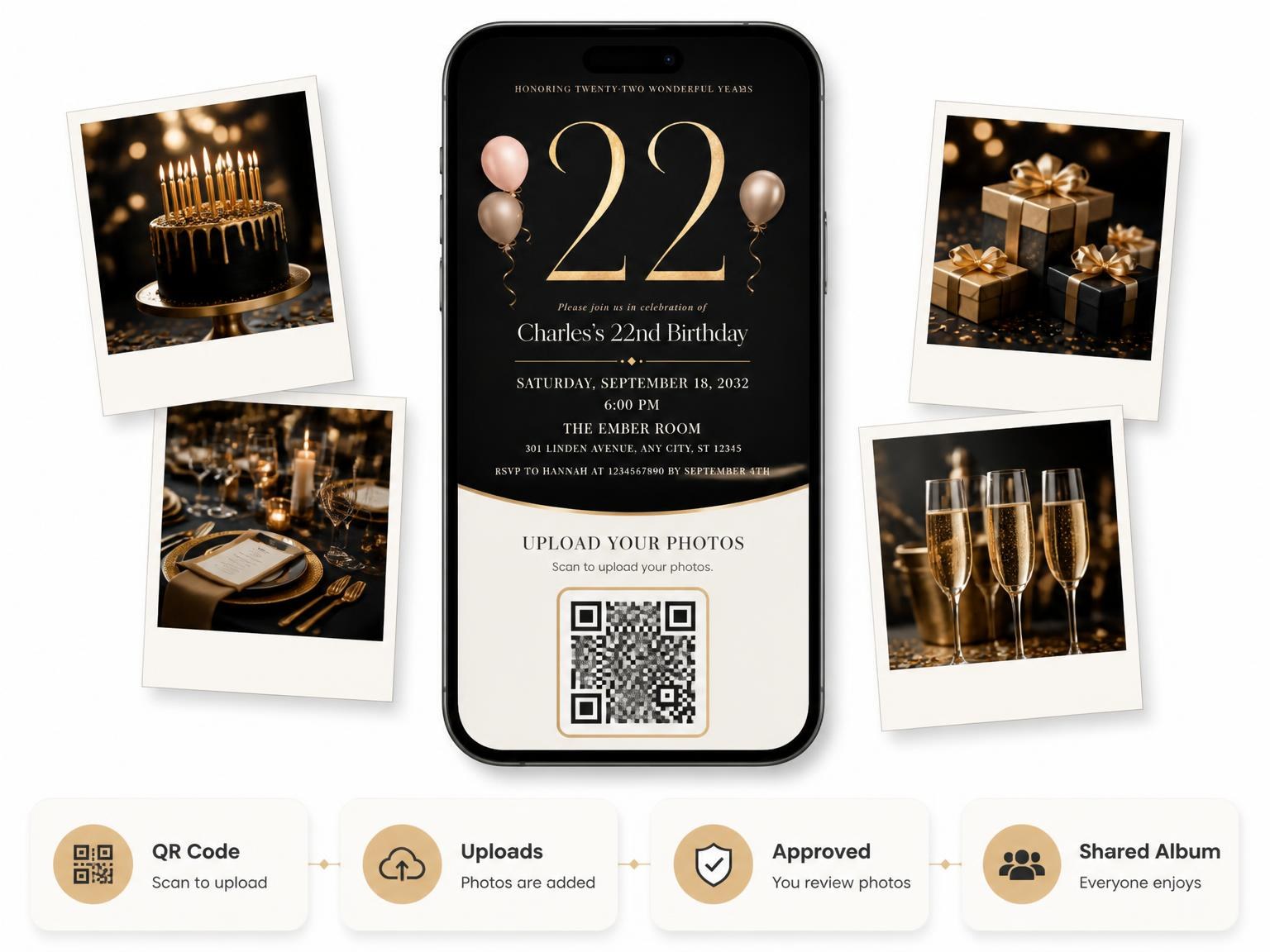 The shared photo gallery that comes with the Charcoal and Blush 22nd Birthday Invitation invitation