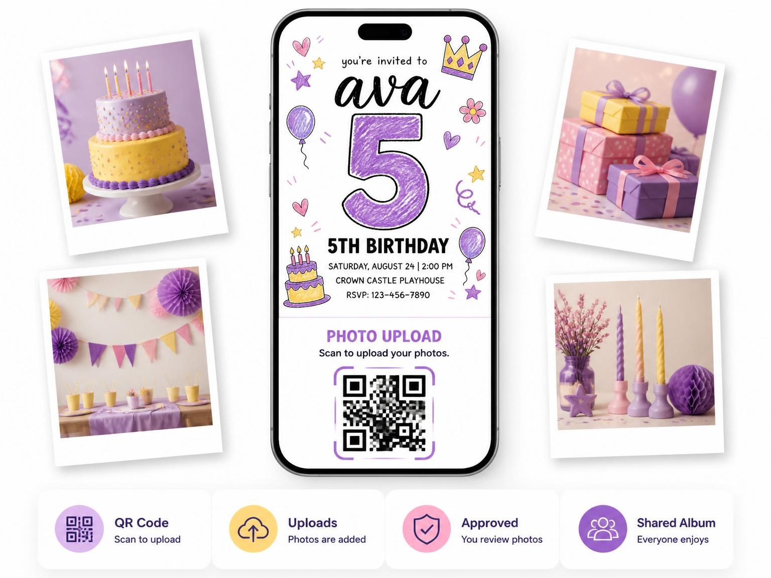 The shared photo gallery that comes with the Purple Yellow Crayon 5th Birthday invitation