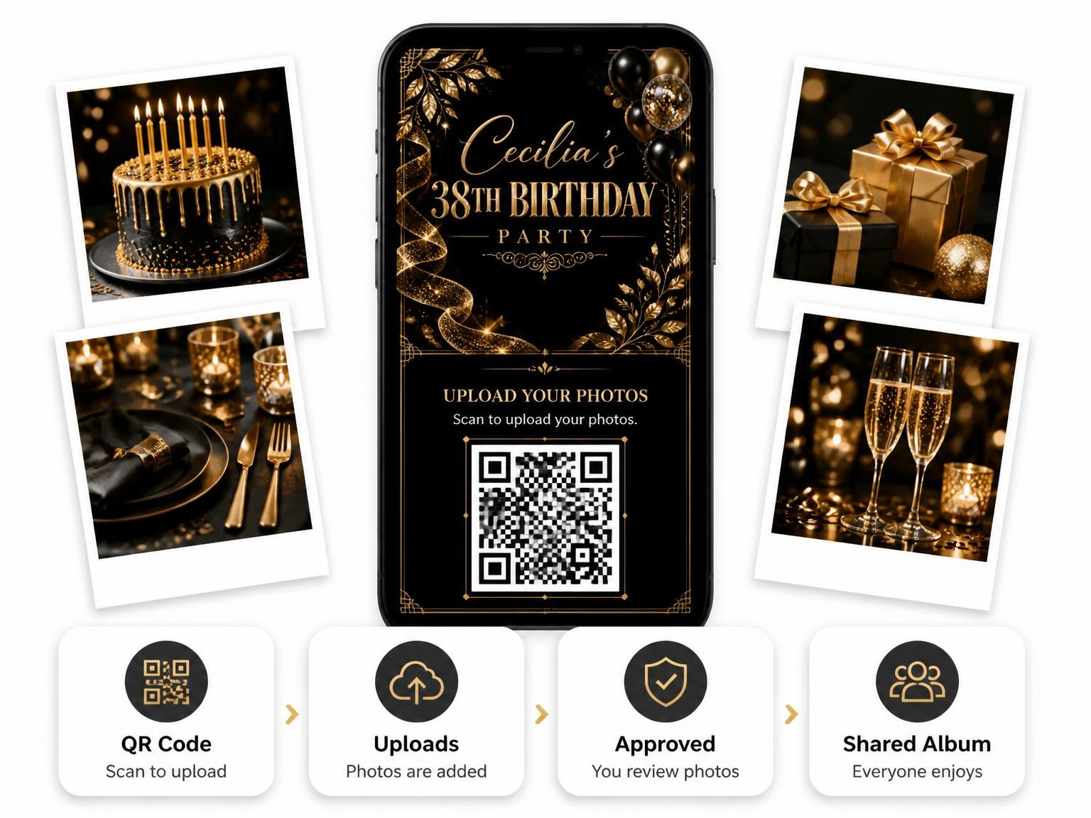 The shared photo gallery that comes with the Black and Gold 38th Birthday Invitation invitation
