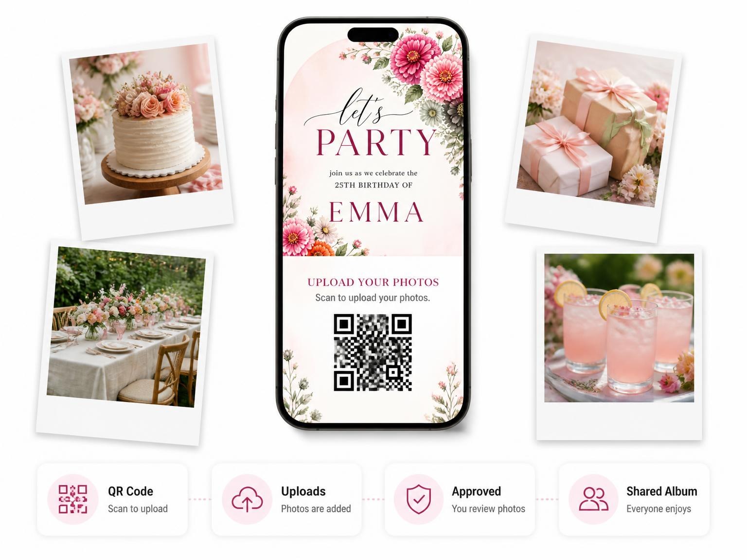 The shared photo gallery that comes with the Fuchsia Zinnia Arch 25th Birthday Invitation invitation