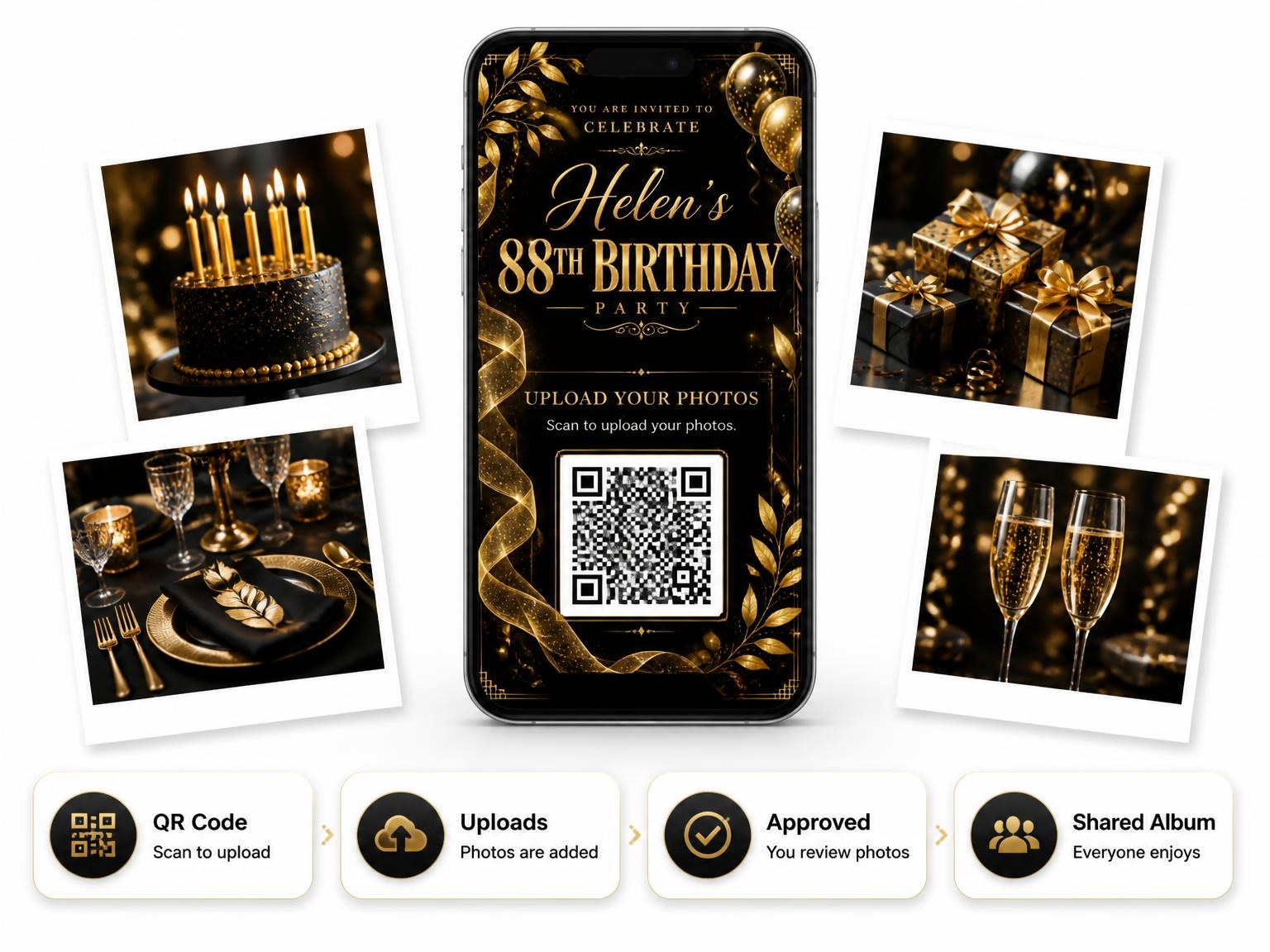 The shared photo gallery that comes with the Black and Gold 88th Birthday Invitation invitation