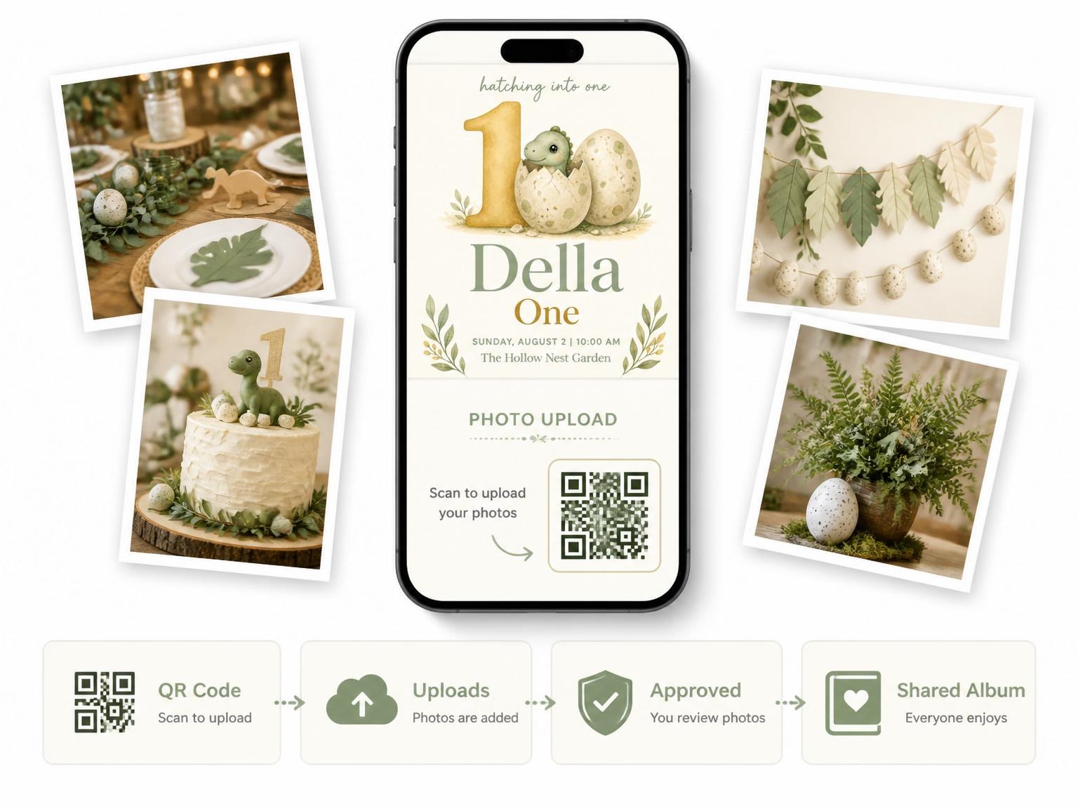 The shared photo gallery that comes with the Watercolor Dino Hatching 1st Birthday invitation