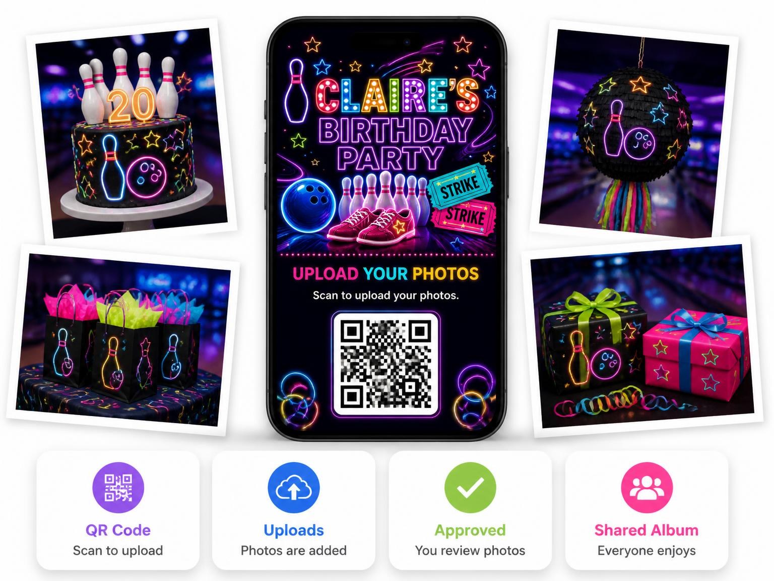 The shared photo gallery that comes with the Neon Bowling 20th Birthday Invitation invitation