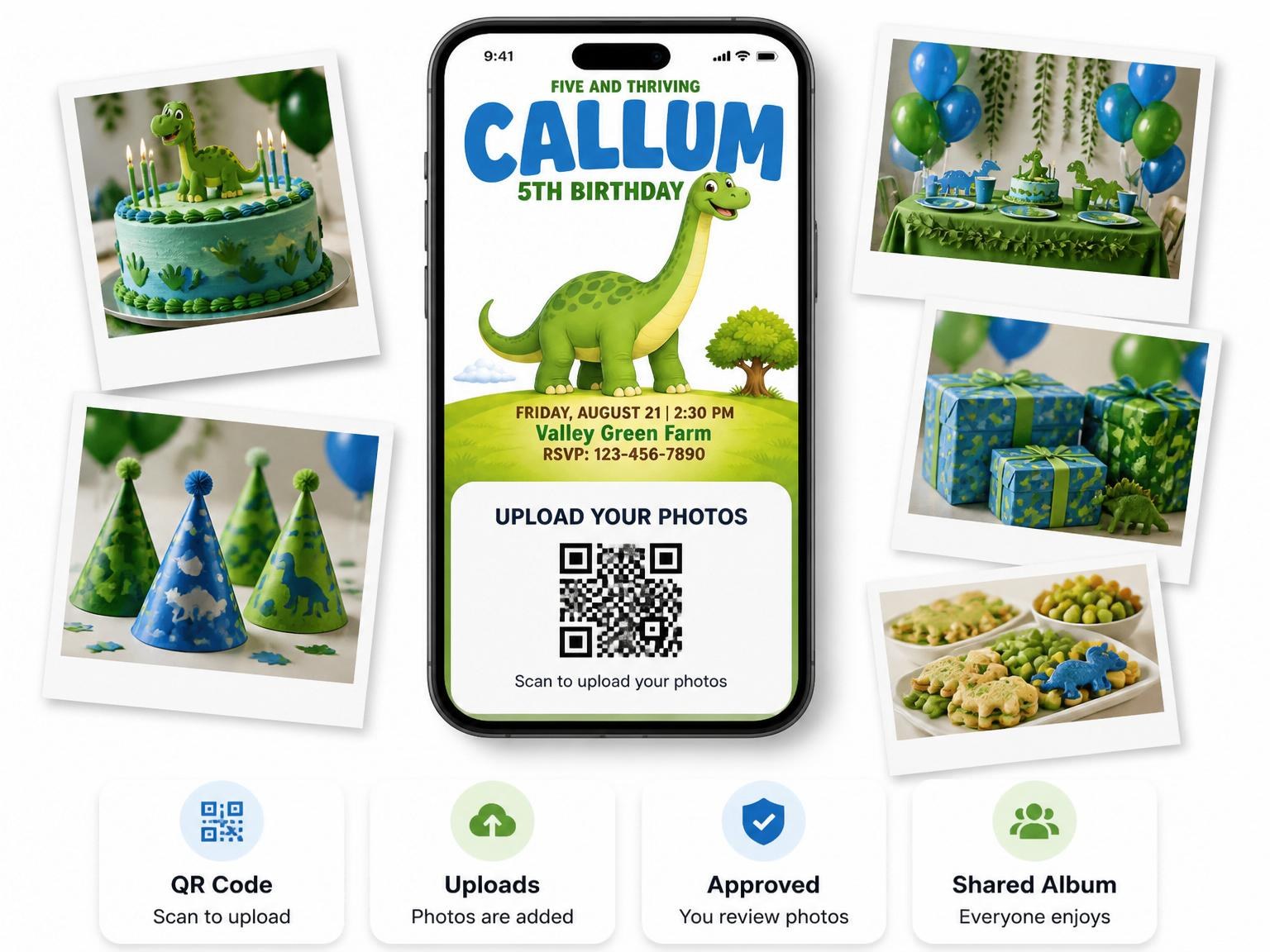 The shared photo gallery that comes with the Bright Green Dinosaur 5th Birthday invitation